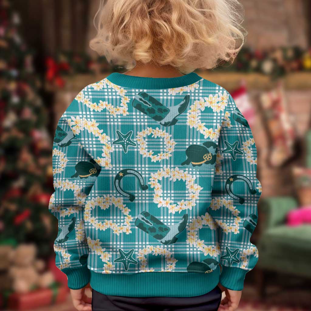 Aloha Hawaii Paniolo Teal Palaka Kid Ugly Christmas Sweater Coastal Rodeo - Polynesian Pride