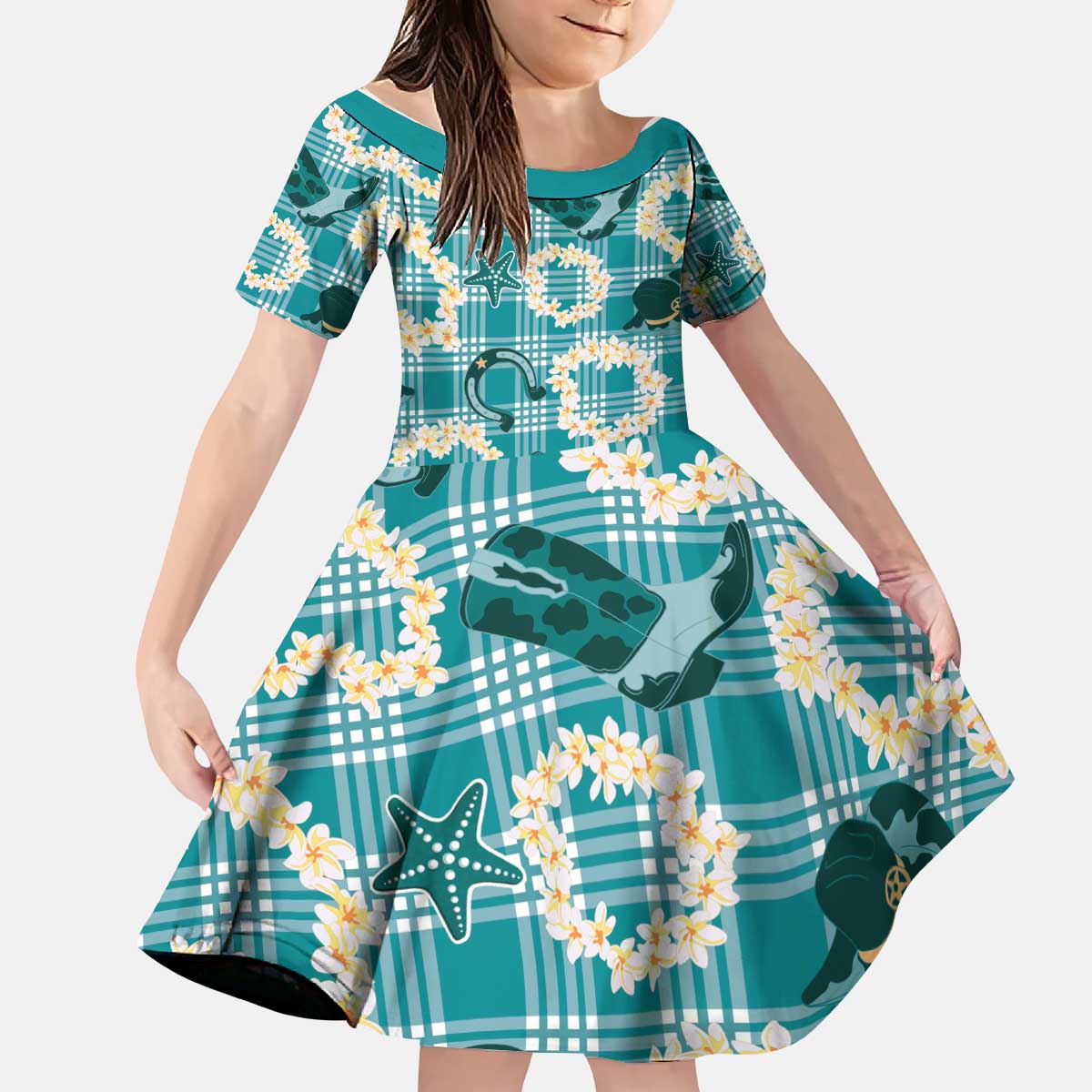 Aloha Hawaii Paniolo Teal Palaka Kid Short Sleeve Dress Coastal Rodeo - Polynesian Pride