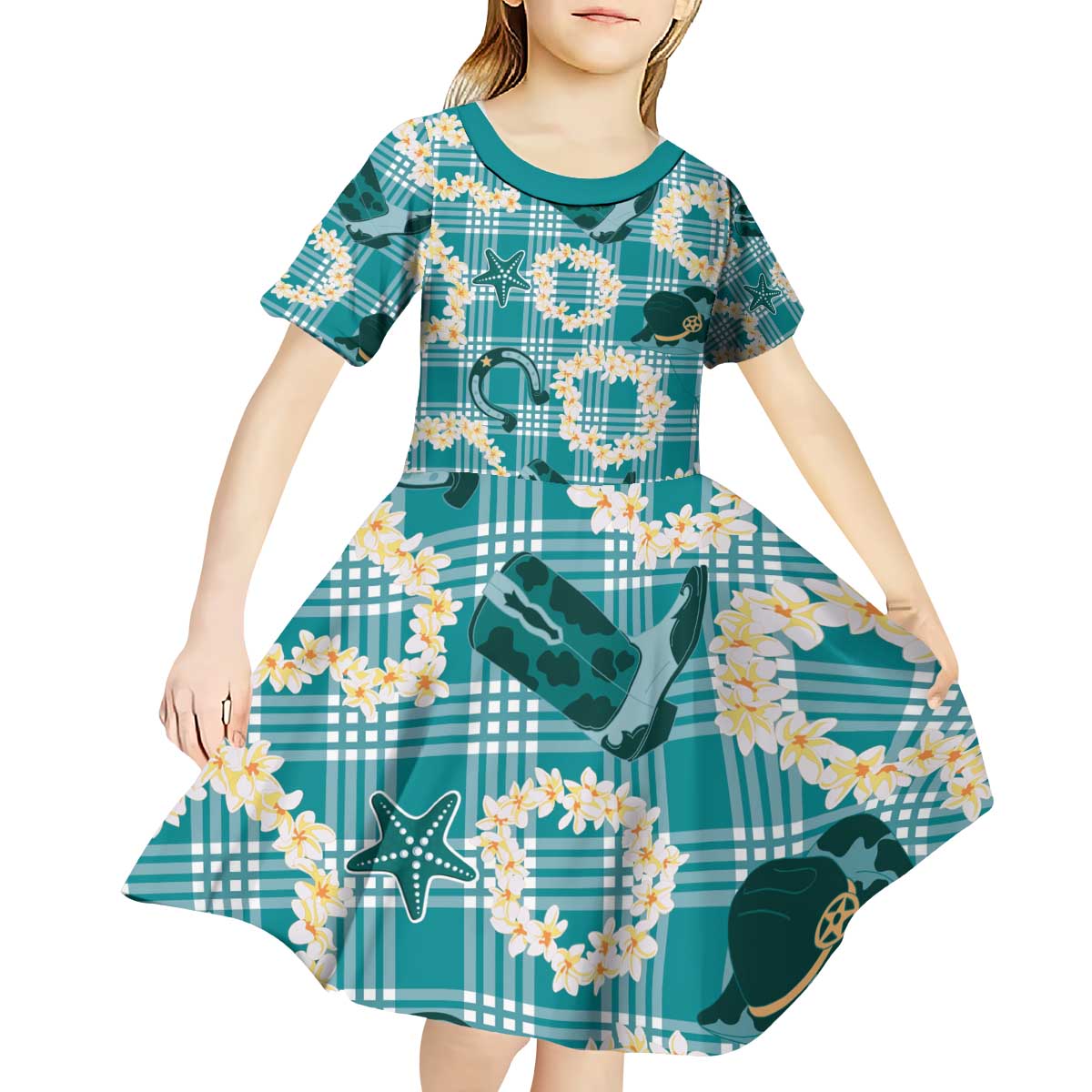 Aloha Hawaii Paniolo Teal Palaka Kid Short Sleeve Dress Coastal Rodeo - Polynesian Pride