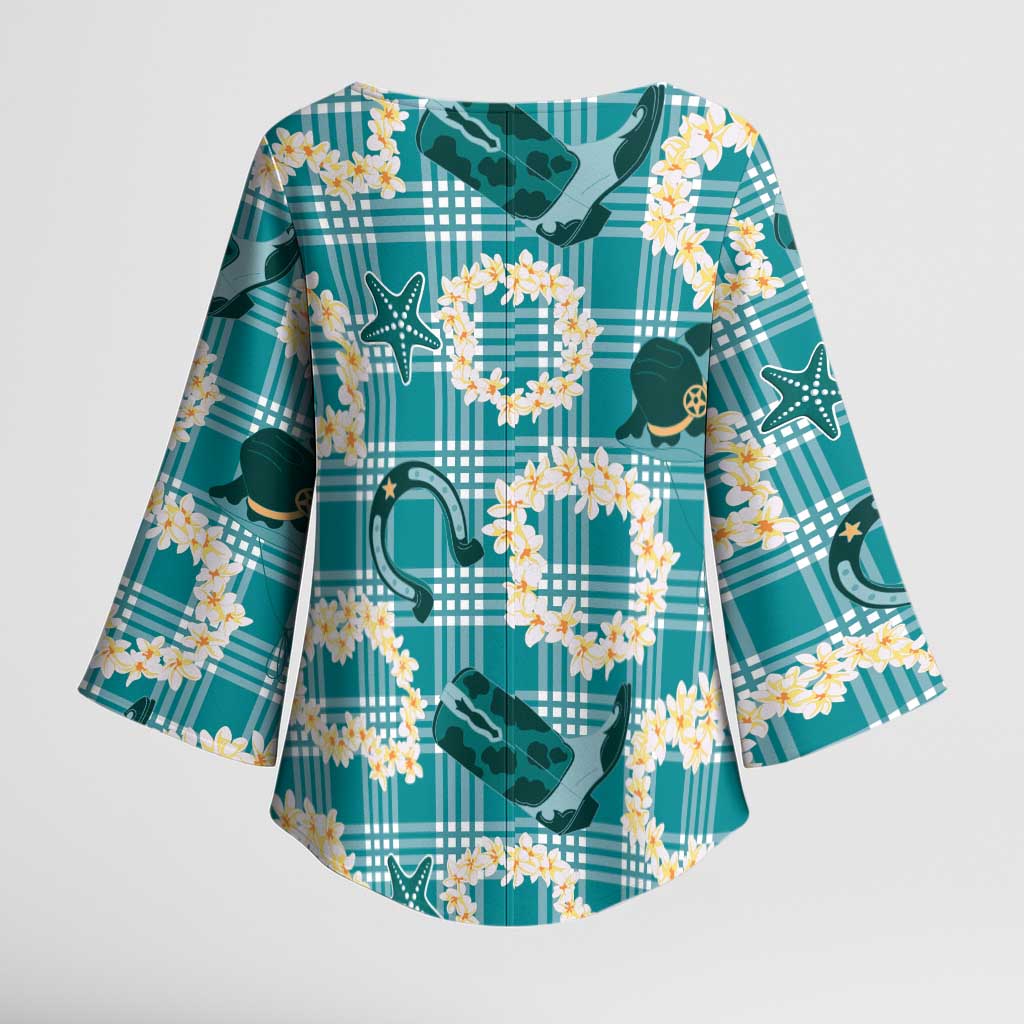 Aloha Hawaii Paniolo Teal Palaka Kimono Sleeve Blouse Coastal Rodeo LT7 - Polynesian Pride