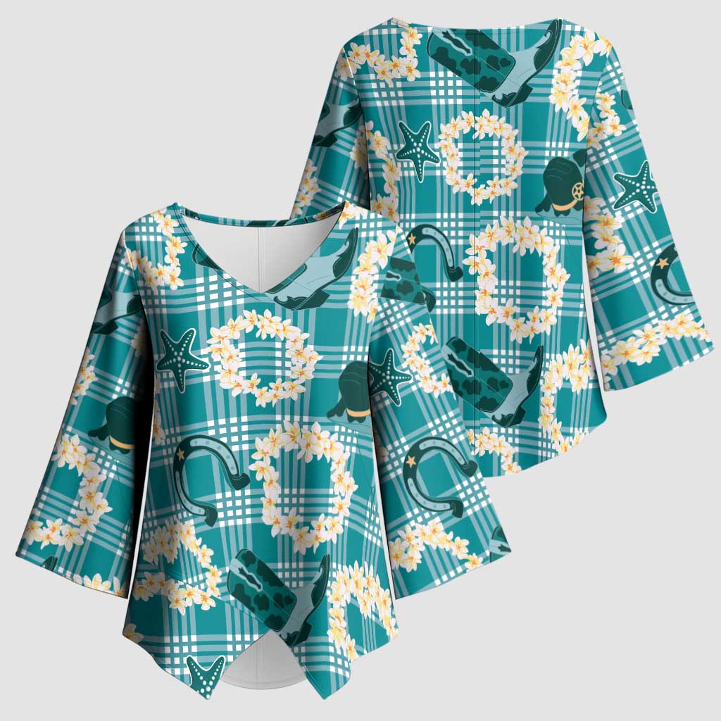 Aloha Hawaii Paniolo Teal Palaka Kimono Sleeve Blouse Coastal Rodeo LT7 - Polynesian Pride