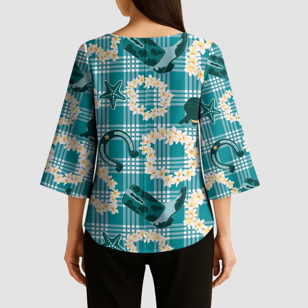 Aloha Hawaii Paniolo Teal Palaka Kimono Sleeve Blouse Coastal Rodeo LT7 - Polynesian Pride
