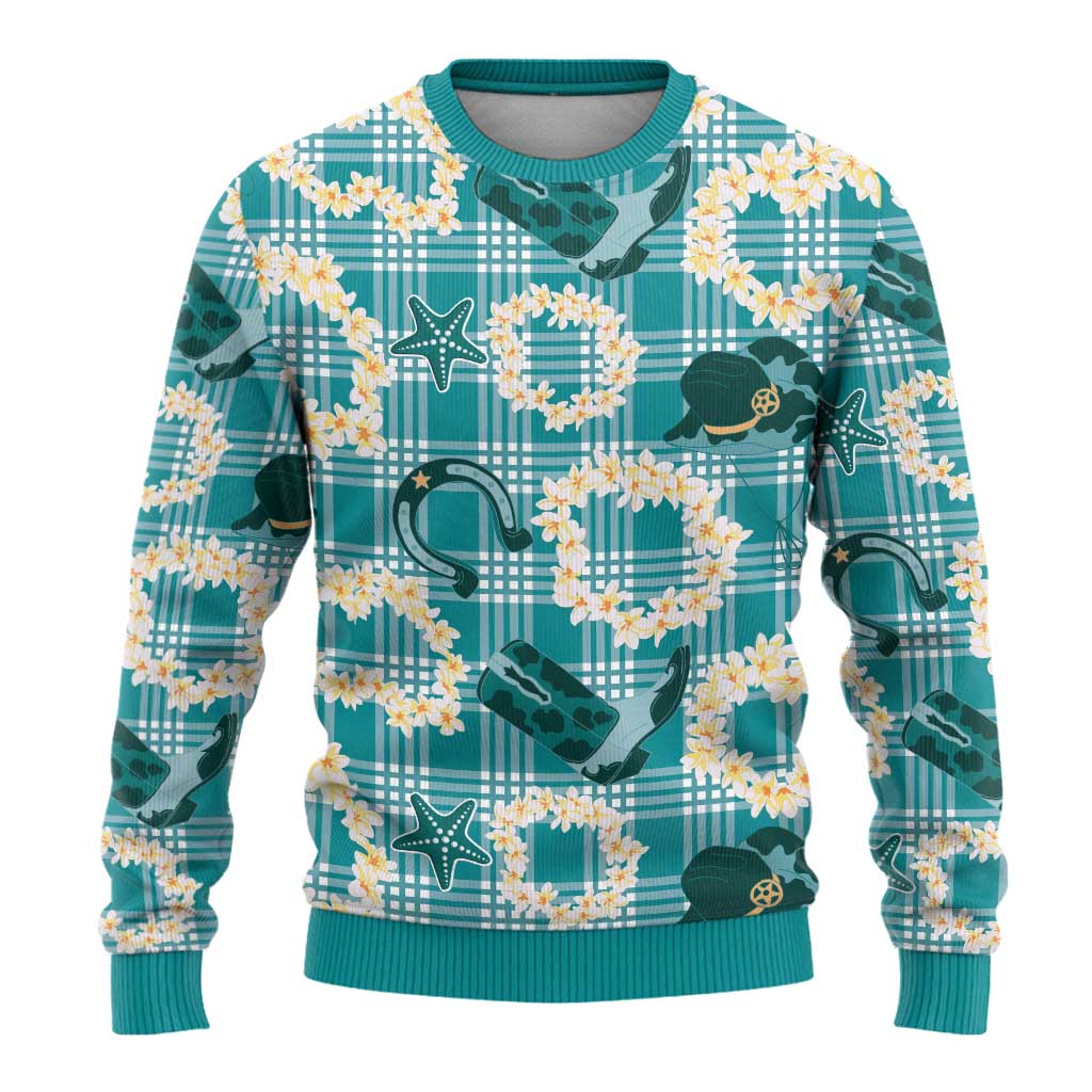 Aloha Hawaii Paniolo Teal Palaka Ugly Christmas Sweater Coastal Rodeo - Polynesian Pride