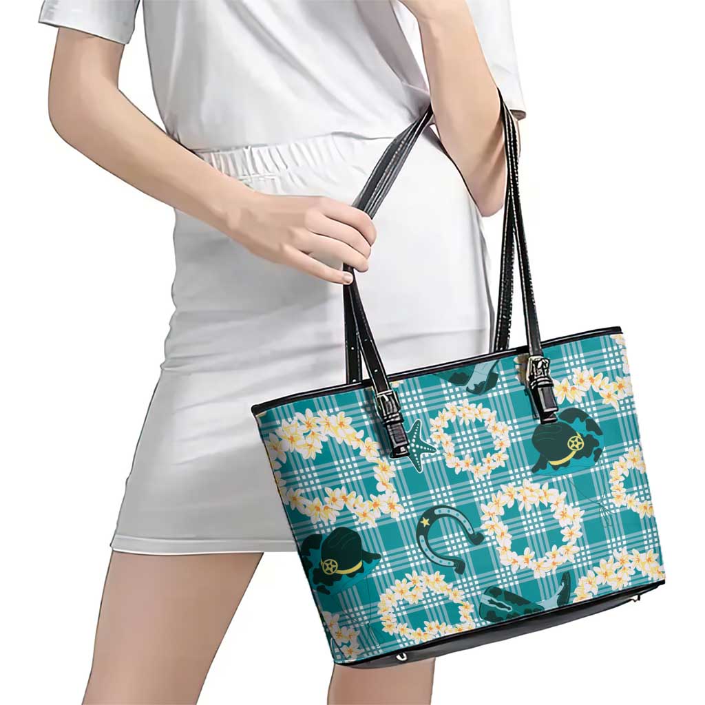 Aloha Hawaii Paniolo Teal Palaka Leather Tote Bag Coastal Rodeo - Polynesian Pride