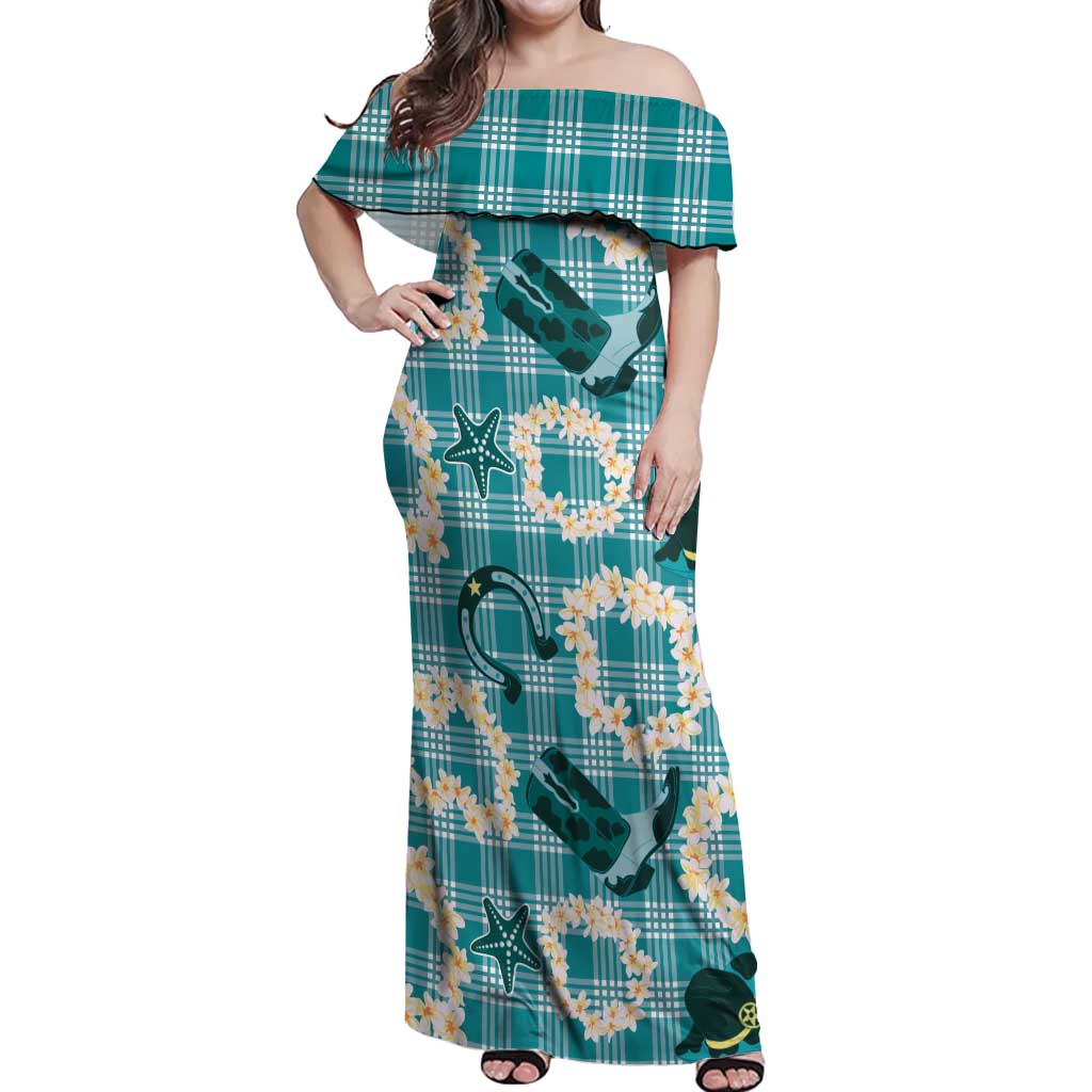 Aloha Hawaii Paniolo Teal Palaka Off Shoulder Maxi Dress Coastal Rodeo - Polynesian Pride
