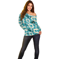 Aloha Hawaii Paniolo Teal Palaka Off Shoulder Sweater Coastal Rodeo - Polynesian Pride