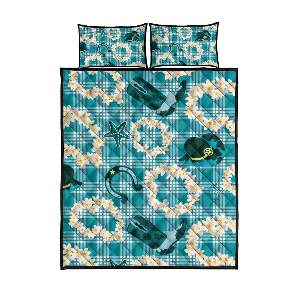 Aloha Hawaii Paniolo Teal Palaka Quilt Bed Set Coastal Rodeo - Polynesian Pride