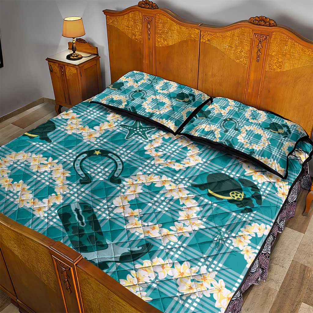 Aloha Hawaii Paniolo Teal Palaka Quilt Bed Set Coastal Rodeo - Polynesian Pride