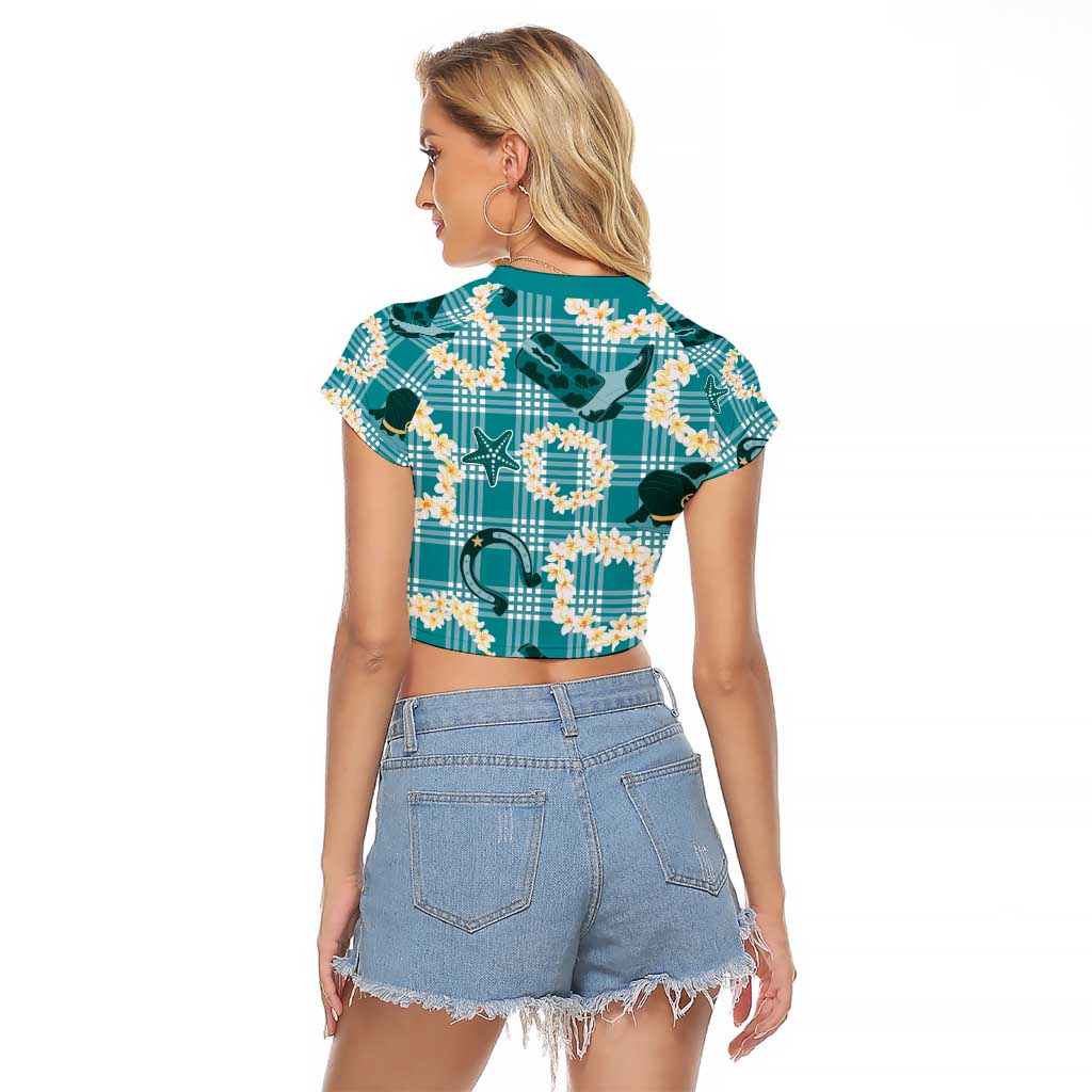 Aloha Hawaii Paniolo Teal Palaka Raglan Cropped T Shirt Coastal Rodeo - Polynesian Pride