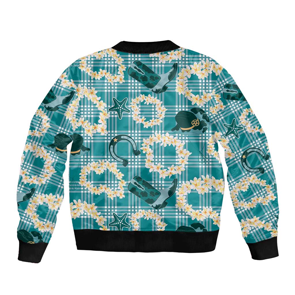 Aloha Hawaii Paniolo Teal Palaka Sleeve Zip Bomber Jacket Coastal Rodeo - Polynesian Pride