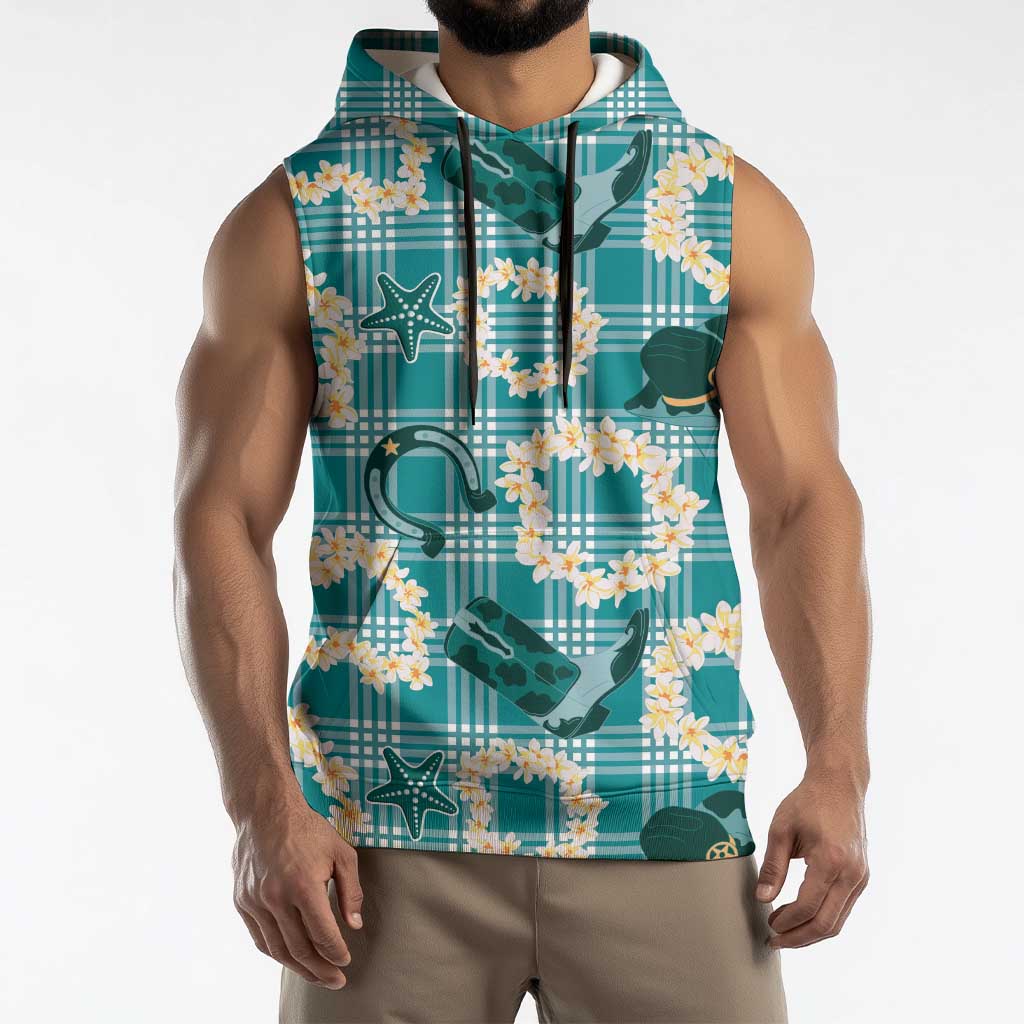 Aloha Hawaii Paniolo Teal Palaka Sleeveless Hoodie Coastal Rodeo LT7 - Polynesian Pride