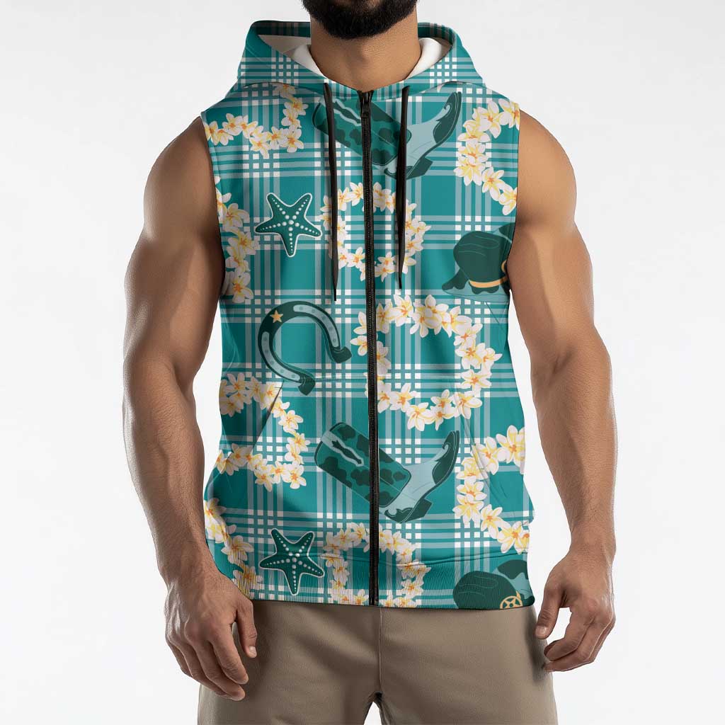 Aloha Hawaii Paniolo Teal Palaka Sleeveless Zip Hoodie Coastal Rodeo LT7 - Polynesian Pride