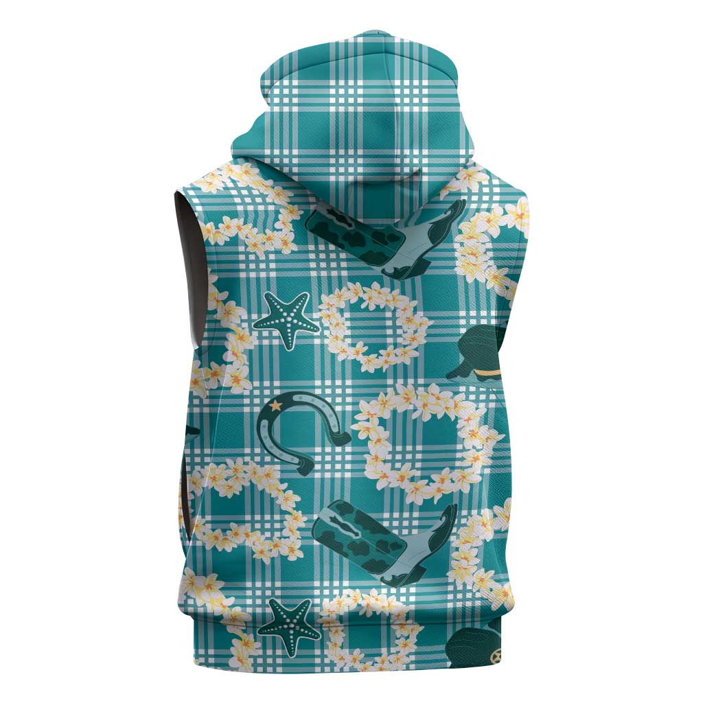 Aloha Hawaii Paniolo Teal Palaka Sleeveless Zip Hoodie Coastal Rodeo - Polynesian Pride