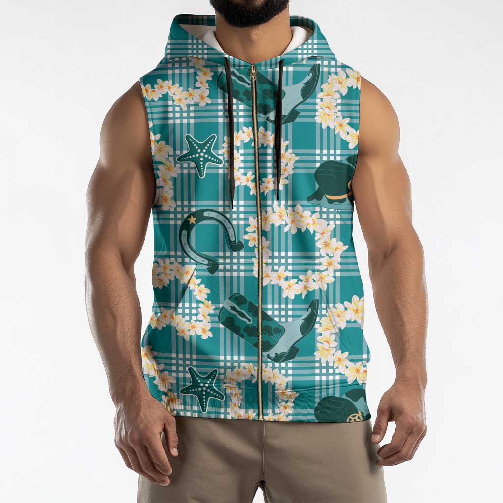 Aloha Hawaii Paniolo Teal Palaka Sleeveless Zip Hoodie Coastal Rodeo - Polynesian Pride
