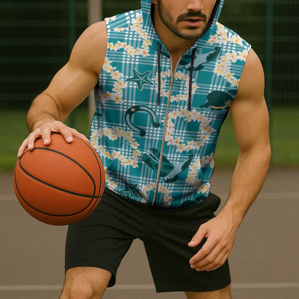 Aloha Hawaii Paniolo Teal Palaka Sleeveless Zip Hoodie Coastal Rodeo - Polynesian Pride