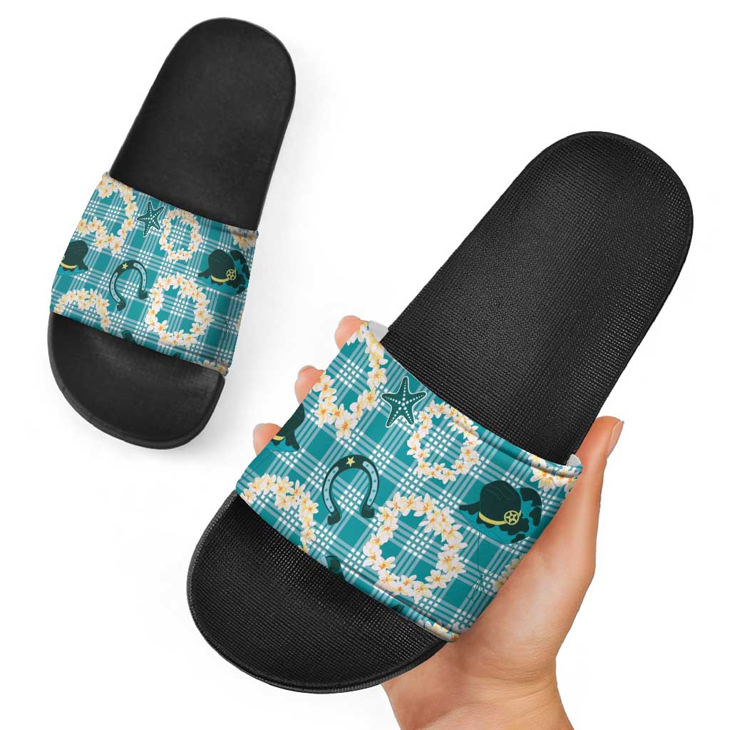 Aloha Hawaii Paniolo Teal Palaka Slide Sandals Coastal Rodeo - Polynesian Pride