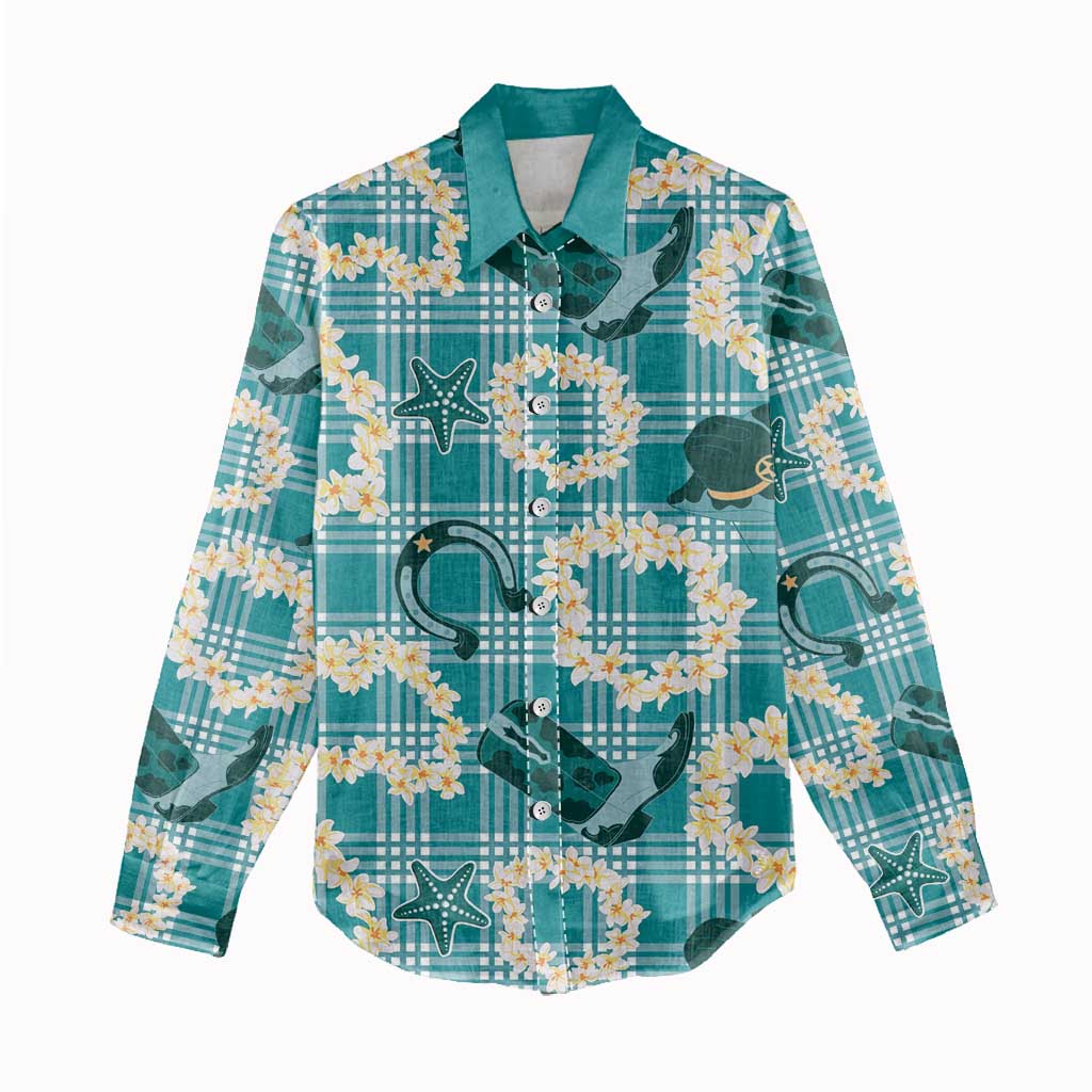 Aloha Hawaii Paniolo Teal Palaka Women Casual Shirt Coastal Rodeo - Polynesian Pride
