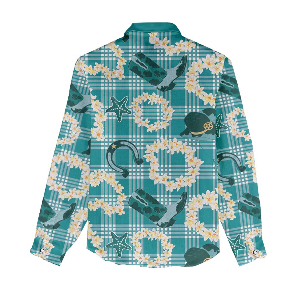 Aloha Hawaii Paniolo Teal Palaka Women Casual Shirt Coastal Rodeo - Polynesian Pride