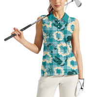 Aloha Hawaii Paniolo Teal Palaka Women Sleeveless Polo Shirt Coastal Rodeo - Polynesian Pride