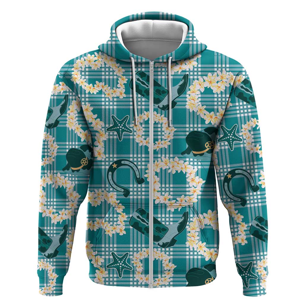 Aloha Hawaii Paniolo Teal Palaka Zip Hoodie Coastal Rodeo - Polynesian Pride