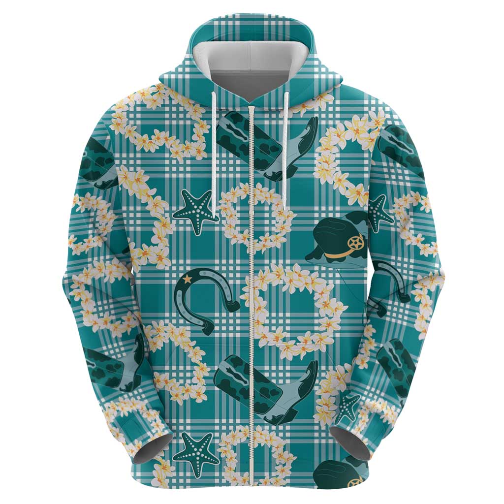 Aloha Hawaii Paniolo Teal Palaka Zip Hoodie Coastal Rodeo - Polynesian Pride