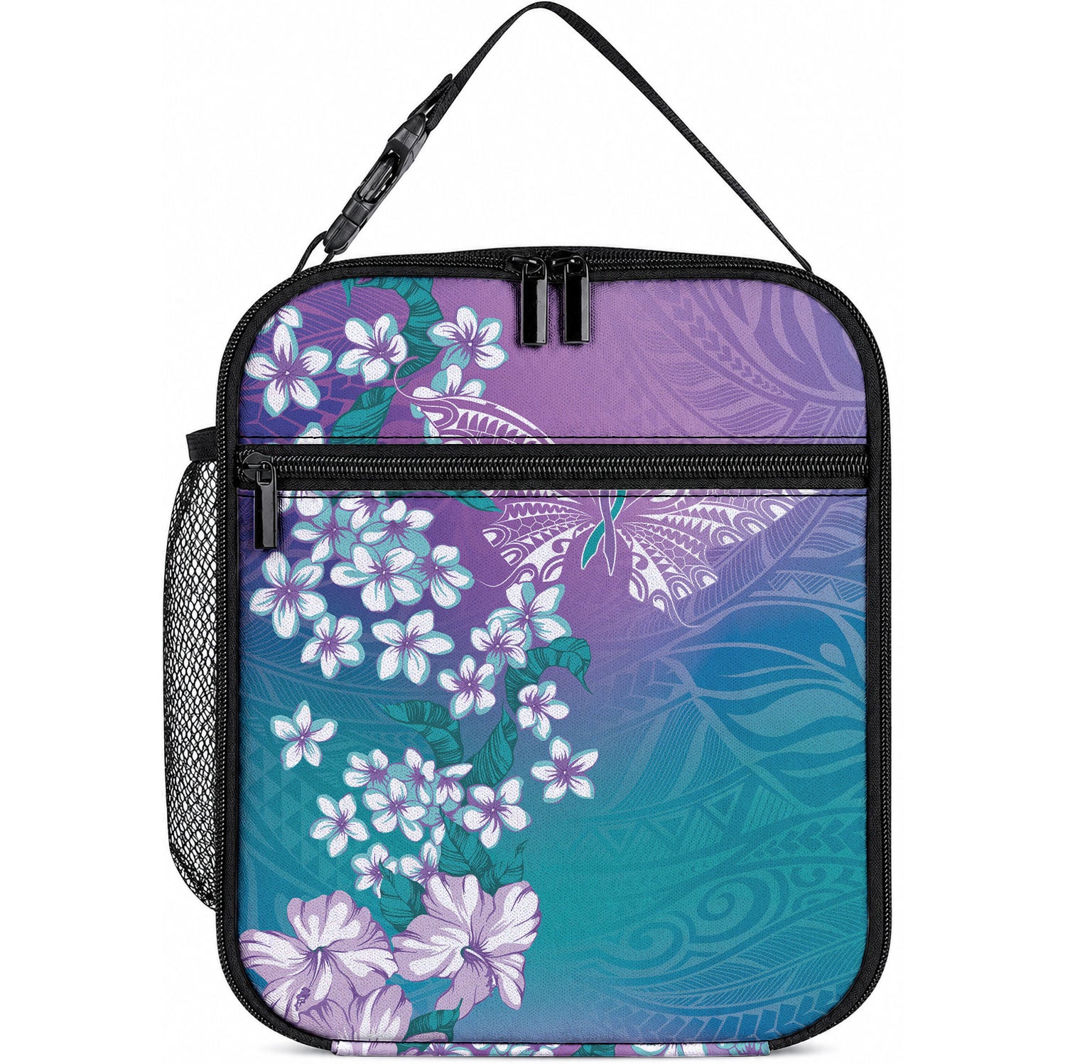 Dreamy Butterfly Polynesian Purple Teal Tribal Art Lunch Bag Floral Vibes LT7 10.2 × 8.3 × 4.3 inch Purple Teal - Polynesian Pride
