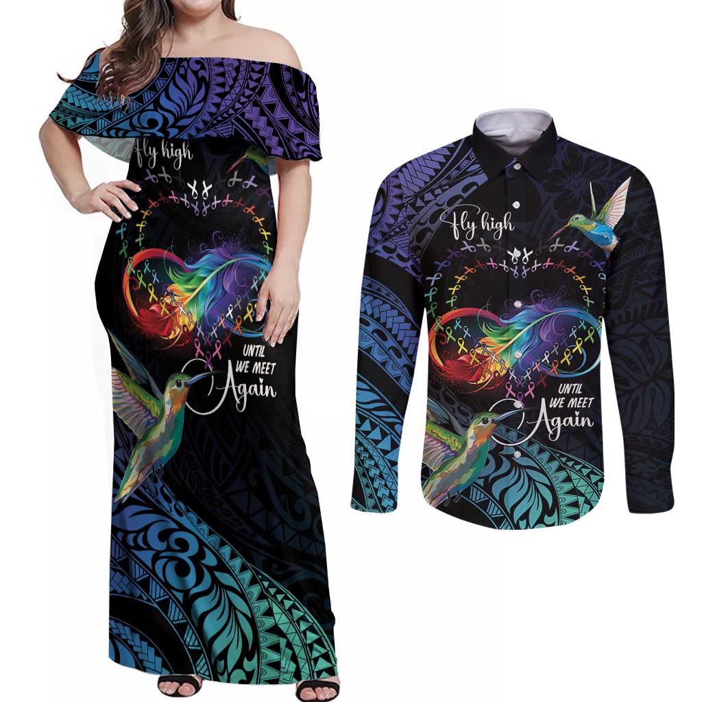 Polynesian Cancers Awareness Couples Matching Off Shoulder Maxi Dress and Long Sleeve Button Shirt Hummingbird - Fly High Until We Meet Again