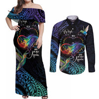 Polynesian Cancers Awareness Couples Matching Off Shoulder Maxi Dress and Long Sleeve Button Shirt Hummingbird - Fly High Until We Meet Again