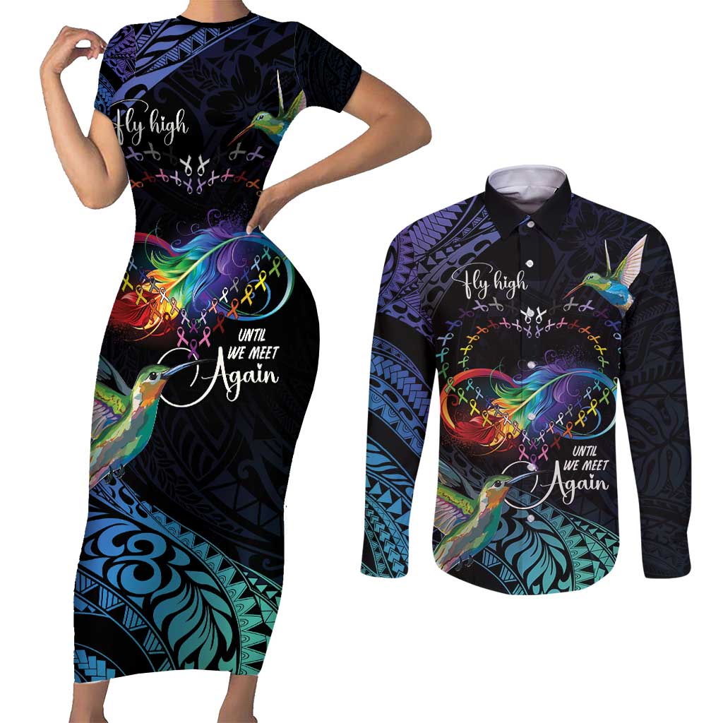 Polynesian Cancers Awareness Couples Matching Short Sleeve Bodycon Dress and Long Sleeve Button Shirt Hummingbird - Fly High Until We Meet Again