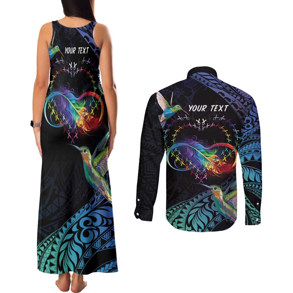 Polynesian Cancers Awareness Couples Matching Tank Maxi Dress and Long Sleeve Button Shirt Hummingbird - Fly High Until We Meet Again