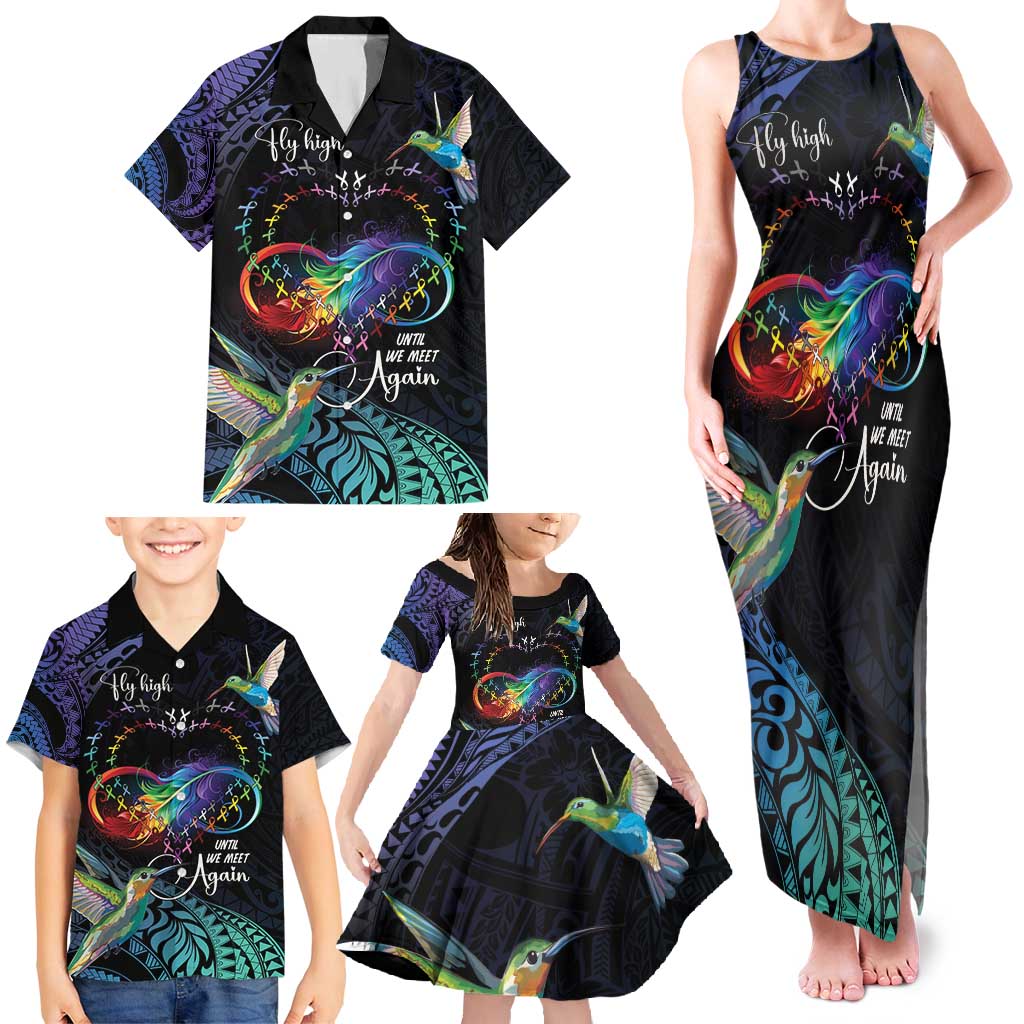 Polynesian Cancers Awareness Family Matching Tank Maxi Dress and Hawaiian Shirt Hummingbird - Fly High Until We Meet Again