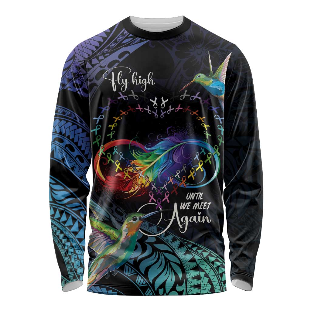 Polynesian Cancers Awareness Long Sleeve Shirt Hummingbird - Fly High Until We Meet Again