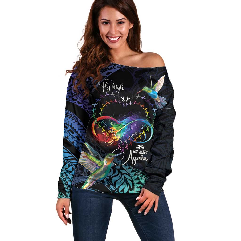 Polynesian Cancers Awareness Off Shoulder Sweater Hummingbird - Fly High Until We Meet Again