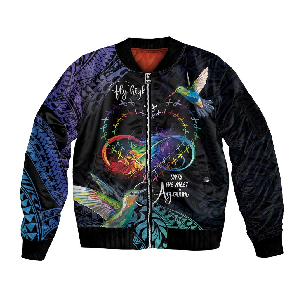 Polynesian Cancers Awareness Sleeve Zip Bomber Jacket Hummingbird - Fly High Until We Meet Again