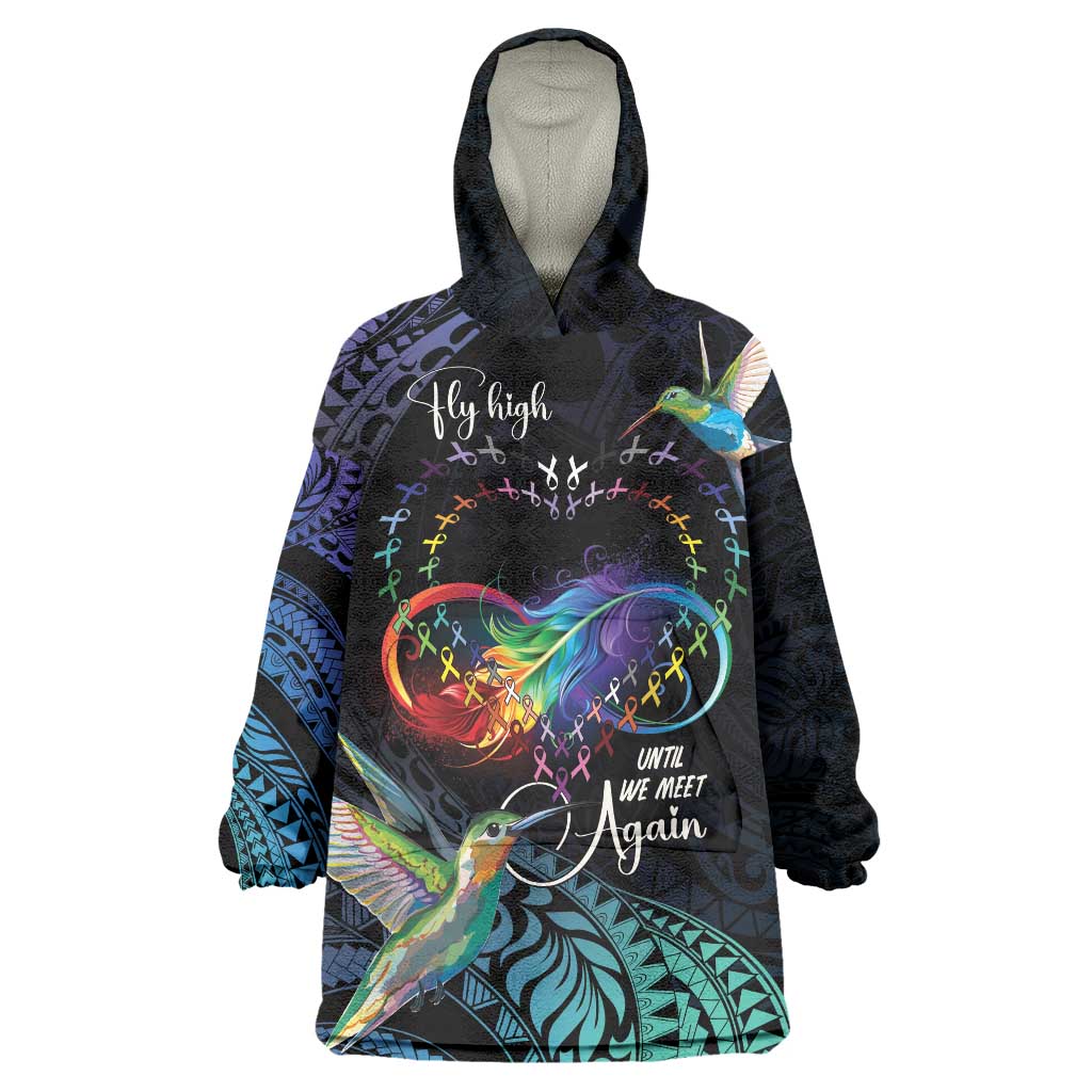 Polynesian Cancers Awareness Wearable Blanket Hoodie Hummingbird - Fly High Until We Meet Again