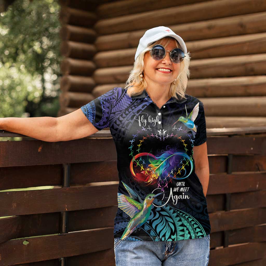 Polynesian Cancers Awareness Women Polo Shirt Hummingbird - Fly High Until We Meet Again