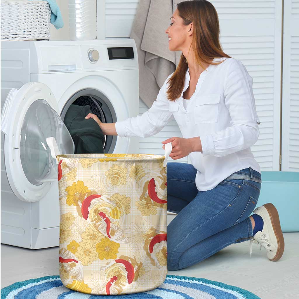 Beige Palaka Hawaii Aloha Laundry Basket Koi Pond Mix Ilima Flowers LT7 - Polynesian Pride