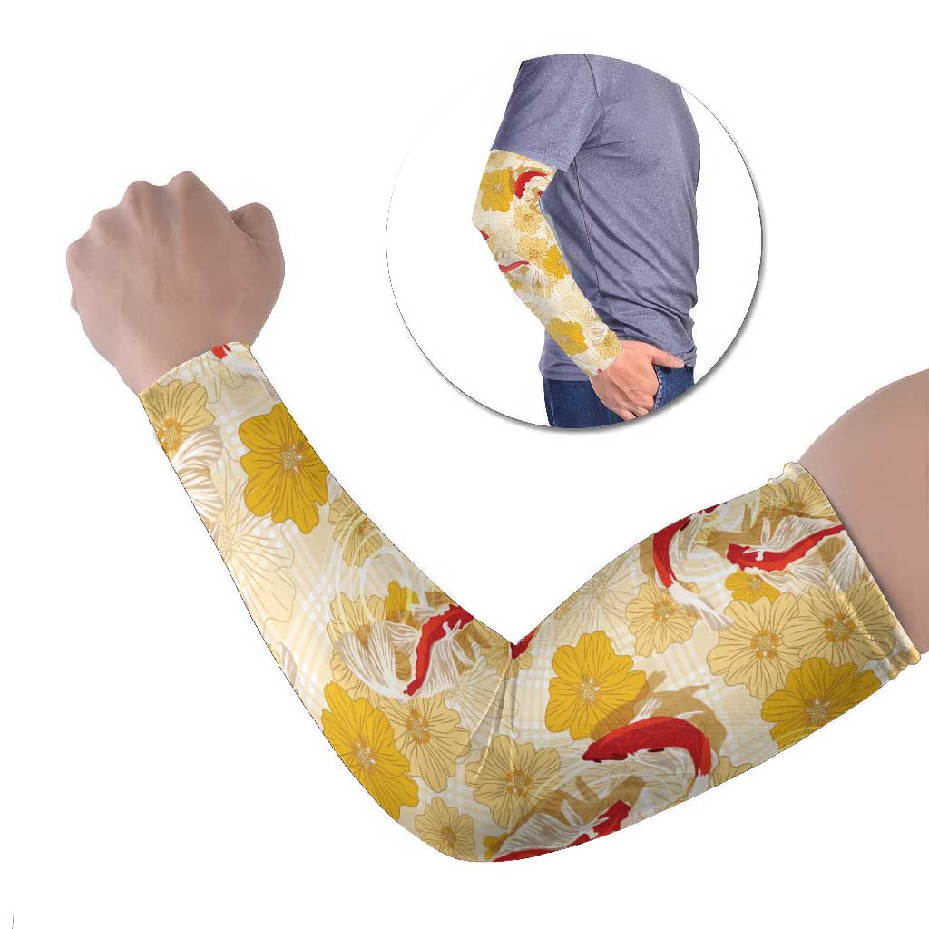 Beige Palaka Hawaii Aloha Arm Sleeves Koi Pond Mix Ilima Flowers LT7 Set of 2 Cream Yellow - Polynesian Pride