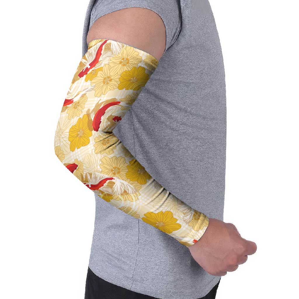 Beige Palaka Hawaii Aloha Arm Sleeves Koi Pond Mix Ilima Flowers LT7 - Polynesian Pride