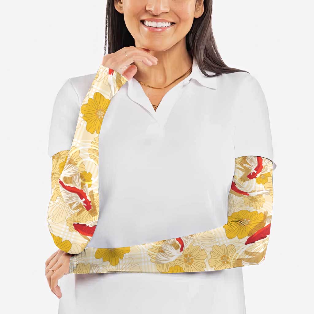 Beige Palaka Hawaii Aloha Arm Sleeves Koi Pond Mix Ilima Flowers LT7 - Polynesian Pride