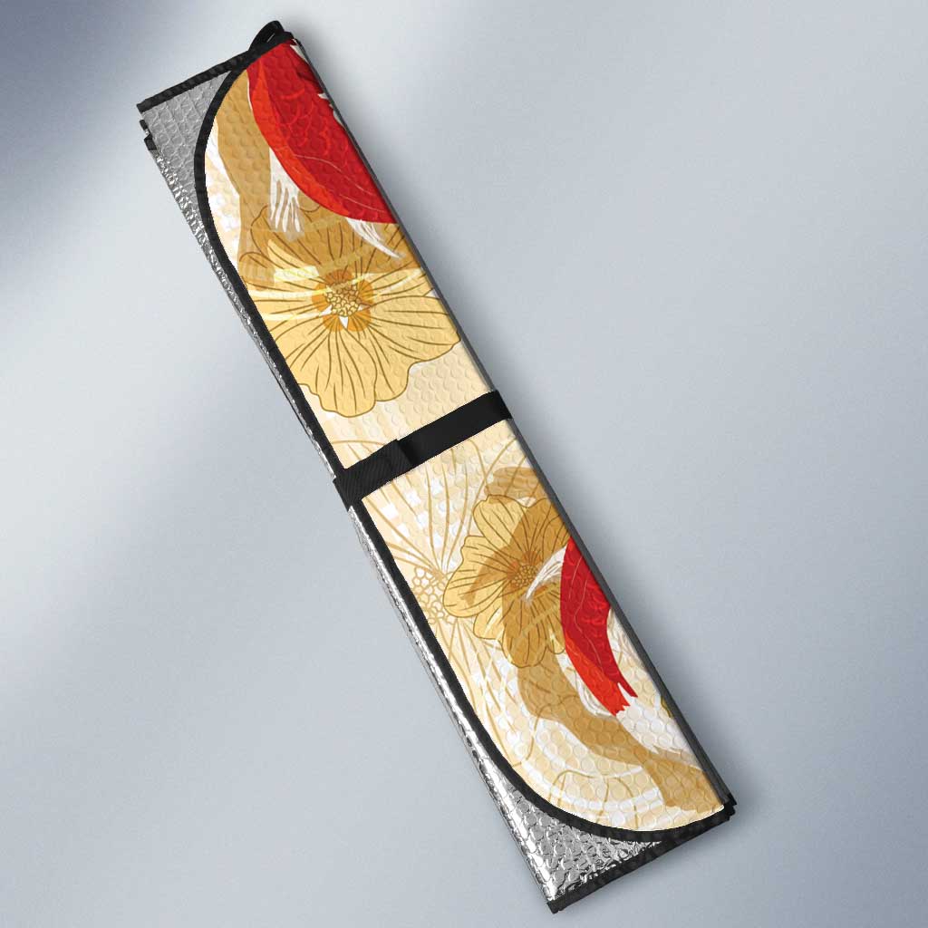 Beige Palaka Hawaii Aloha Auto Sun Shade Koi Pond Mix Ilima Flowers - Polynesian Pride