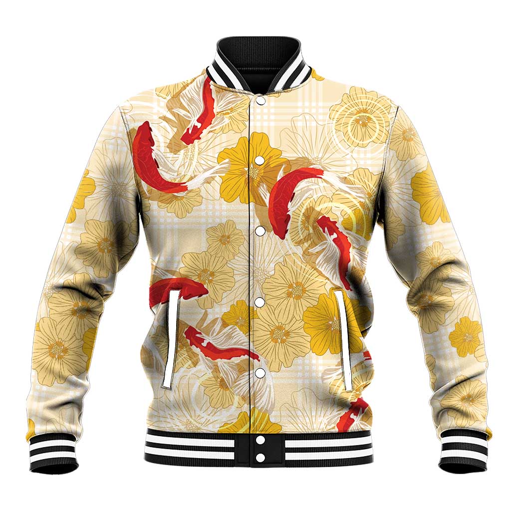 Beige Palaka Hawaii Aloha Baseball Jacket Koi Pond Mix Ilima Flowers LT7 Unisex Cream Yellow - Polynesian Pride