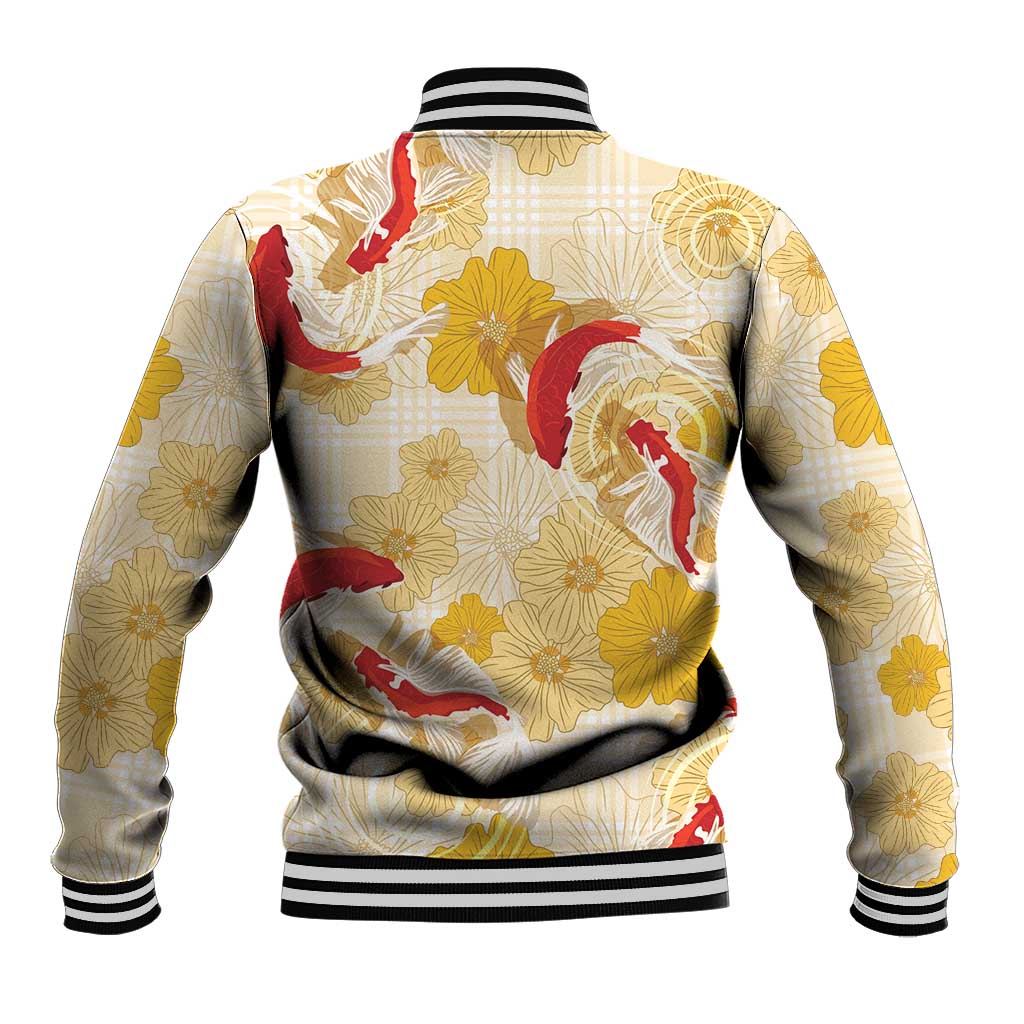 Beige Palaka Hawaii Aloha Baseball Jacket Koi Pond Mix Ilima Flowers LT7 - Polynesian Pride