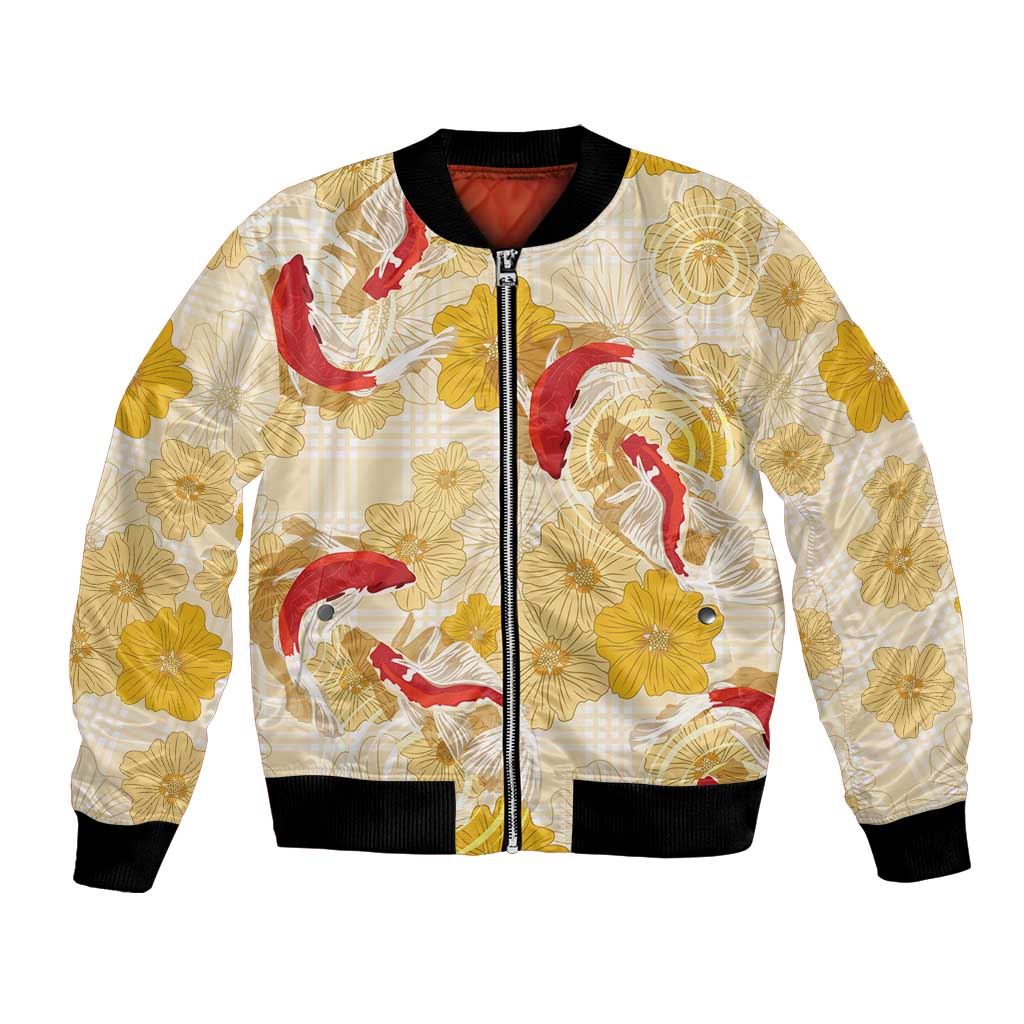 Beige Palaka Hawaii Aloha Bomber Jacket Koi Pond Mix Ilima Flowers LT7 Unisex Cream Yellow - Polynesian Pride