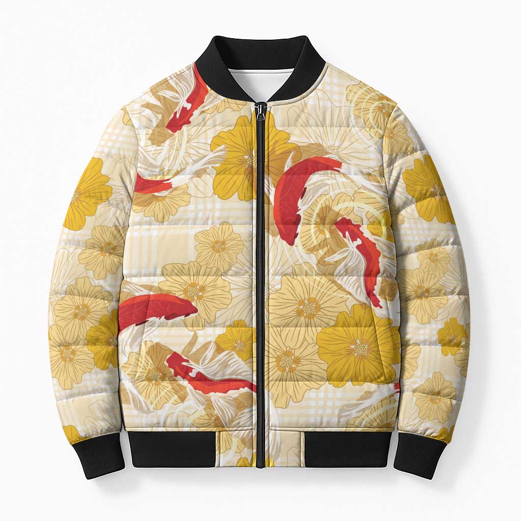Beige Palaka Hawaii Aloha Bomber Puffer Jacket Koi Pond Mix Ilima Flowers LT7 Unisex Cream Yellow - Polynesian Pride