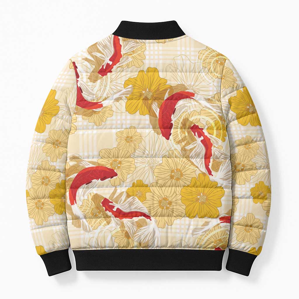 Beige Palaka Hawaii Aloha Bomber Puffer Jacket Koi Pond Mix Ilima Flowers LT7 - Polynesian Pride