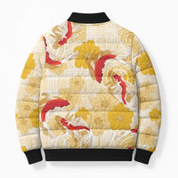 Beige Palaka Hawaii Aloha Bomber Puffer Jacket Koi Pond Mix Ilima Flowers LT7 - Polynesian Pride
