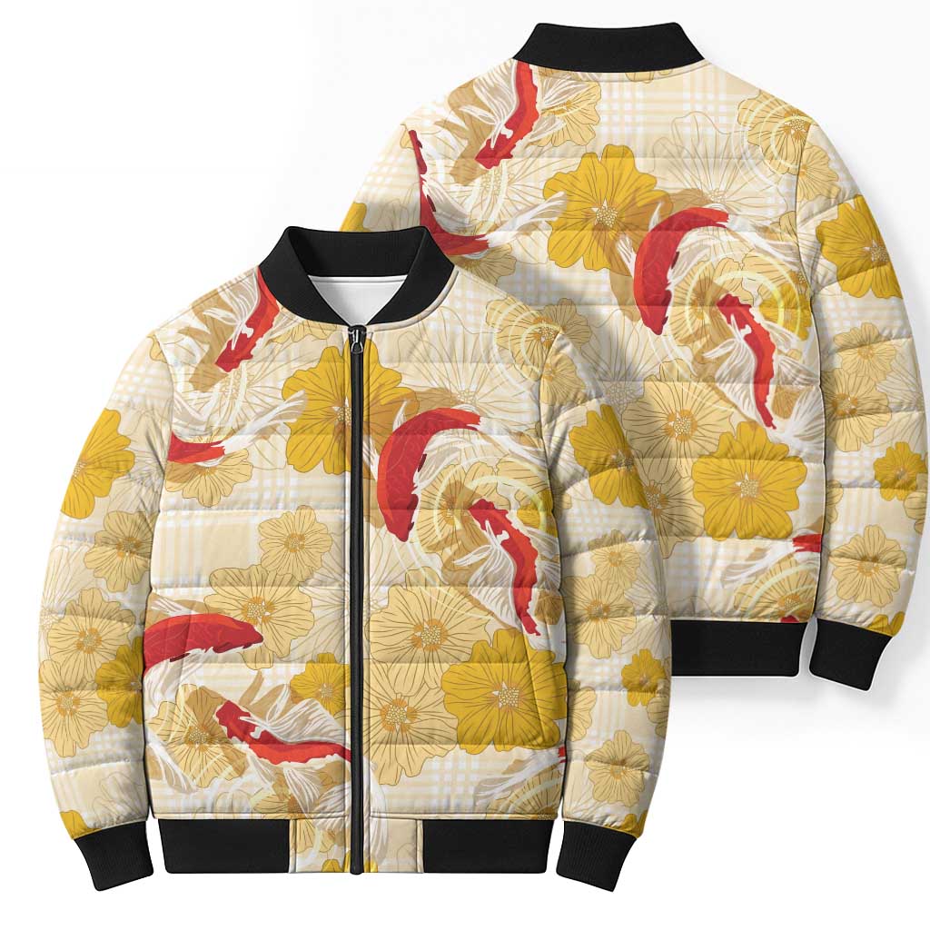 Beige Palaka Hawaii Aloha Bomber Puffer Jacket Koi Pond Mix Ilima Flowers LT7 - Polynesian Pride