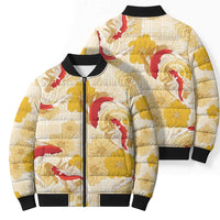 Beige Palaka Hawaii Aloha Bomber Puffer Jacket Koi Pond Mix Ilima Flowers LT7 - Polynesian Pride