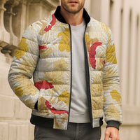 Beige Palaka Hawaii Aloha Bomber Puffer Jacket Koi Pond Mix Ilima Flowers LT7 - Polynesian Pride